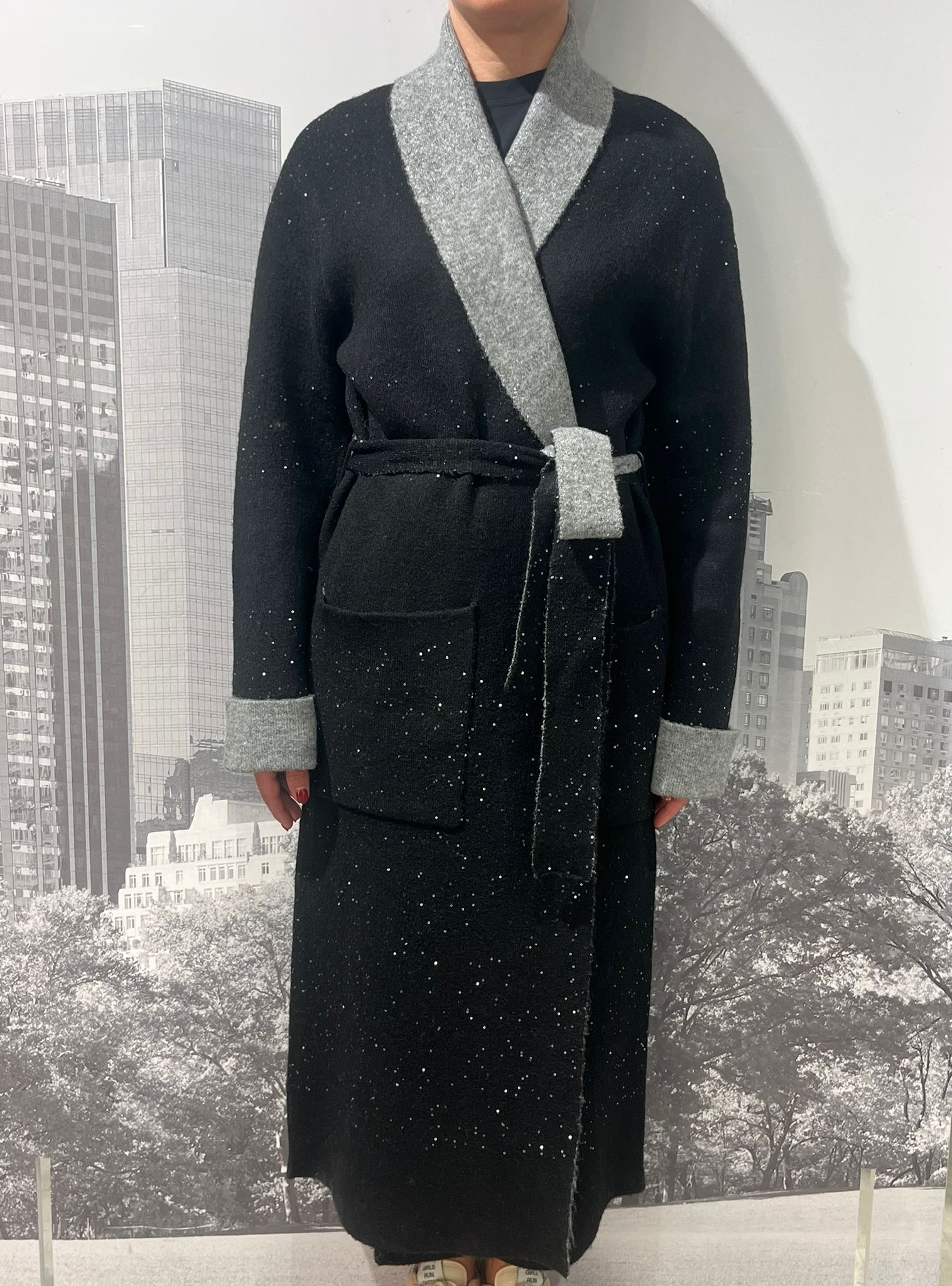 Cappotto Lungo Maglia con Paillettes Bicolore