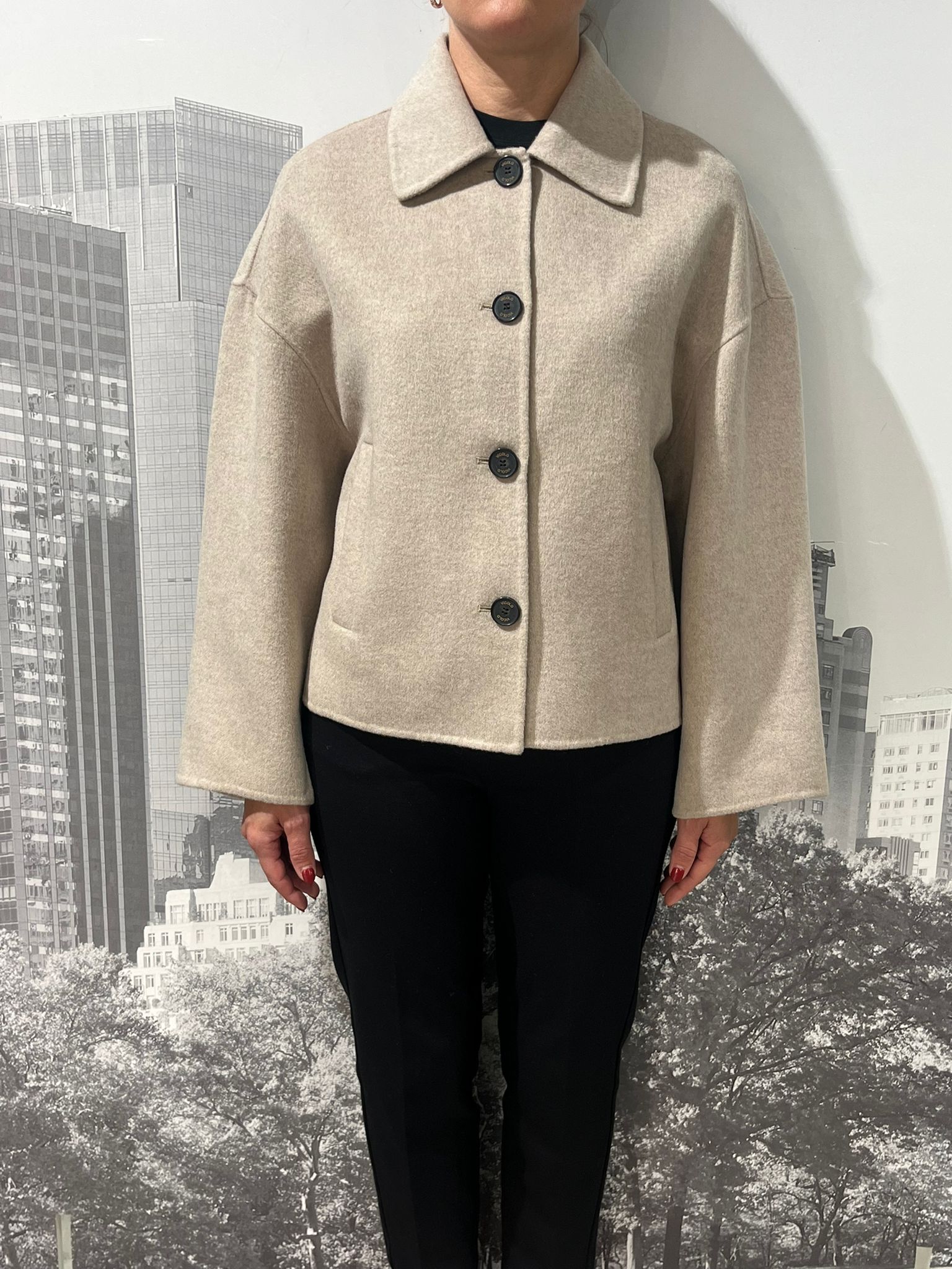 Giacca Cappotto corto maniche lunghe con colletto.