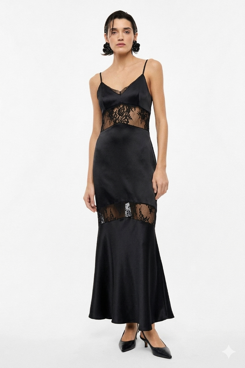 Abito lungo con inserti in pizzo e spalline sottili