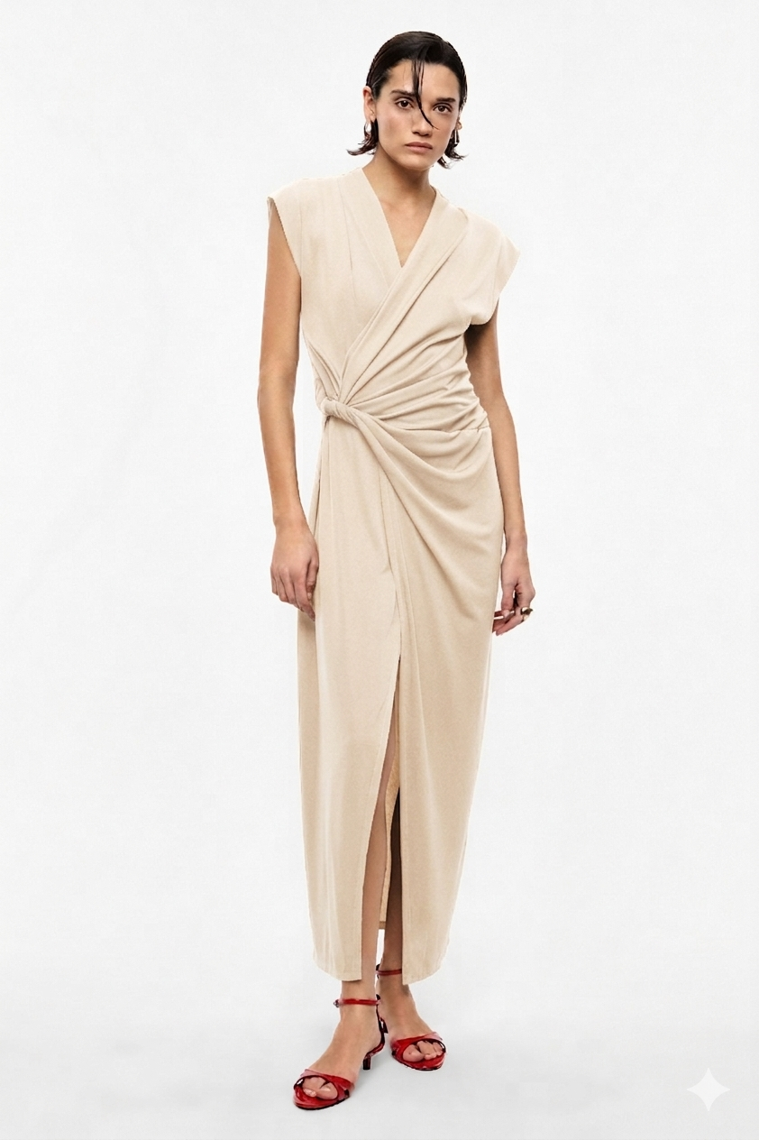 Abito lungo drappeggiato scollo a v senza maniche