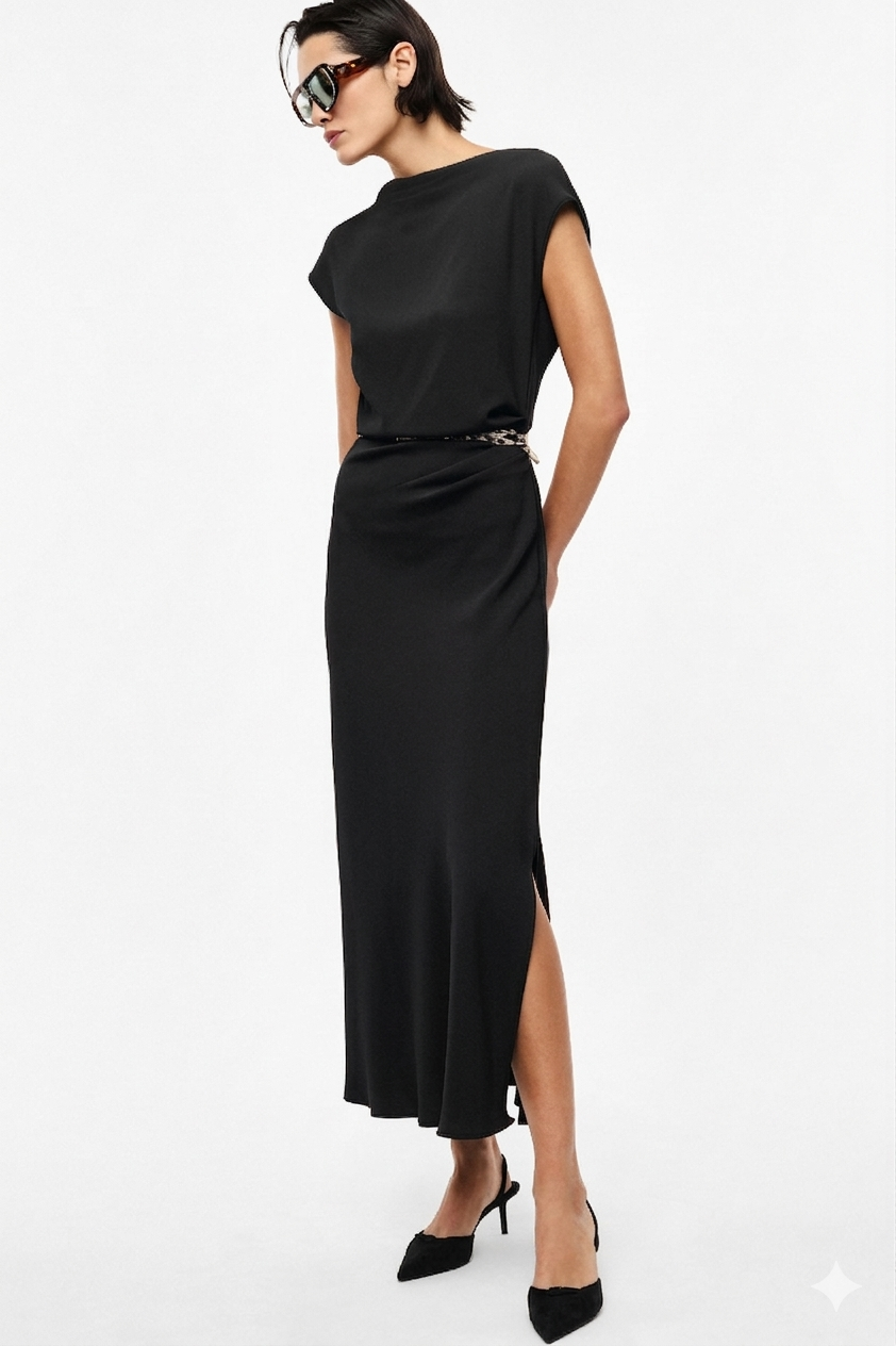 Abito lungo scollo barca cintura animalier